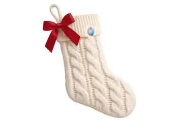 Knitted Christmas Stocking with Red Bow on Transparent Background