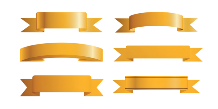 Set of six golden ribbon designs with different shapes and styles