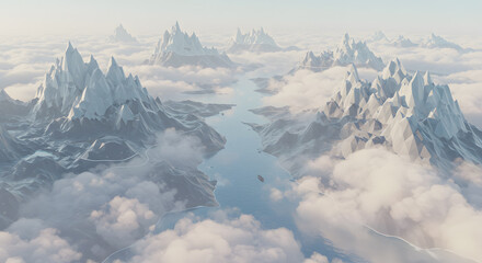 Aerial View of Snow Capped Mountains Through Clouds with Blue River and Distant Peaks Landscape in Cloudy Background with Blue Sky and Overcast