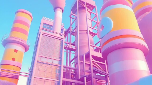 Pink and yellow candy factory emitting cotton candy smoke