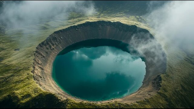 Clouds reflecting in turquoise viti explosion crater lake, formed in 1774 inside the askja caldera, iceland, with steam rising from the geothermal area