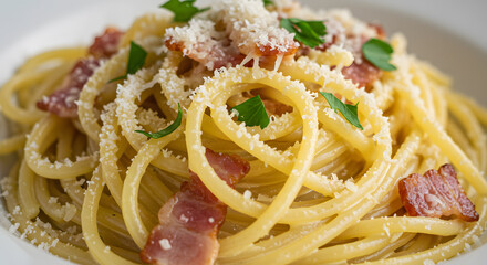 Authentic Carbonara Pasta with Crispy Bacon Parmesan Cheese and Fresh Parsley on a White Plate in Soft Natural Lighting Top View