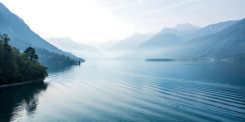 Obraz premium A Serene High-Angle View of a Calm Lake Surrounded by Foggy Mountains