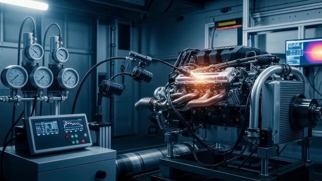 Cooling system efficiency test on a Formula One engine inside a dyno cell showing coolant flow meters and thermal imaging sensors.