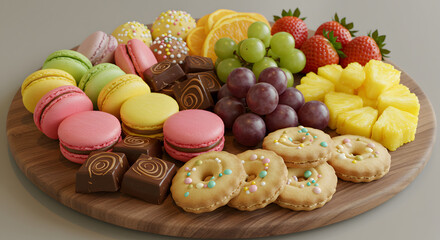 Colorful Assortment of Macarons Fruits and Doughnuts on Wooden Tray with Gray Background Sweet Treats Platter Dessert Variety with Strawberries Grapes and Pineapple
