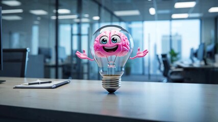 cartoon funny light bulb on office desk talking - Powered by Adobe