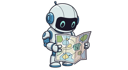 Cartoon Robot Reading a Detailed Map with Antenna.