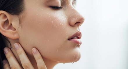 A womans face with water droplets on her skin, eyes closed, in a closeup profile view