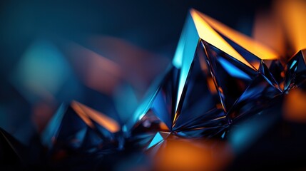 Abstract close-up of faceted, reflective geometric shapes in blue and gold, creating a modern, artistic composition.