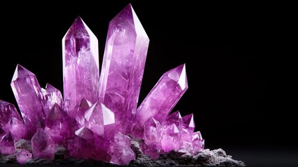 Cluster of vibrant purple amethyst crystals with sharp points, set against a dark background, showcasing their crystalline structure.