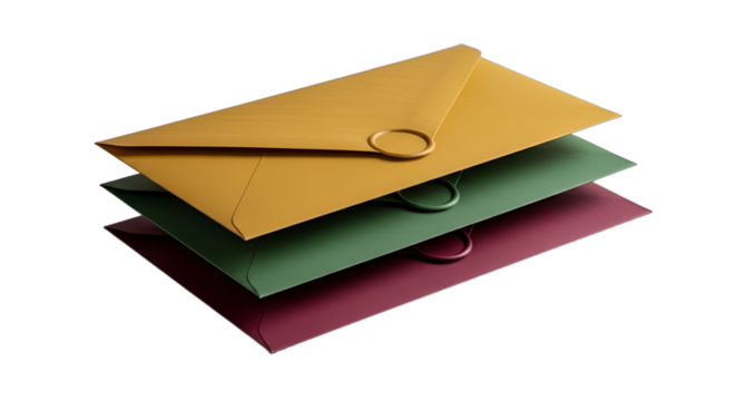 Stacked elegant gold, green, burgundy envelopes with string closures, ideal for wedding invitations, Christmas mail, corporate events, or festive greetings,