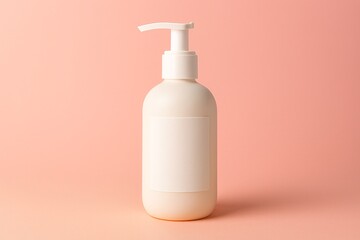 White plastic pump dispenser bottle with blank label mockup on pastel background for skincare, lotion, soap packaging