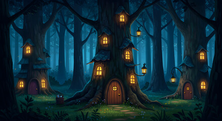 Pixelated Forest Village at Night Glowing Lanterns and Tree Houses in Dark Blue Hues Digital Art with Detailed Pixel Texture and Fantasy Theme
