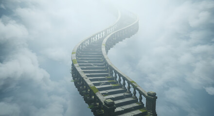 Pixelated Stone Stairway Ascending into Ethereal Cloudy Sky with Soft Lighting and Moss Accents