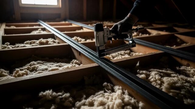 View from above of attic insulation project featuring rapid repetition of staple gun use to affix baffle strips evenly spaced.