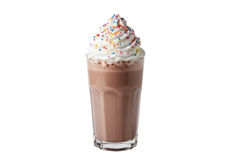A tall glass of rich chocolate milkshake, topped with a generous swirl of whipped cream and colorful sprinkles, is presented against a stark black background.