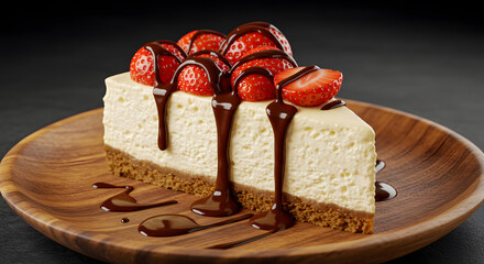 Slice of Creamy Cheesecake Topped with Fresh Strawberries and Chocolate Drizzle on Wooden Plate in Dark Setting