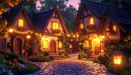 Fototapeta premium Cozy cartoon village scene with detailed houses, lanterns, and charming animated atmosphere in warm colors