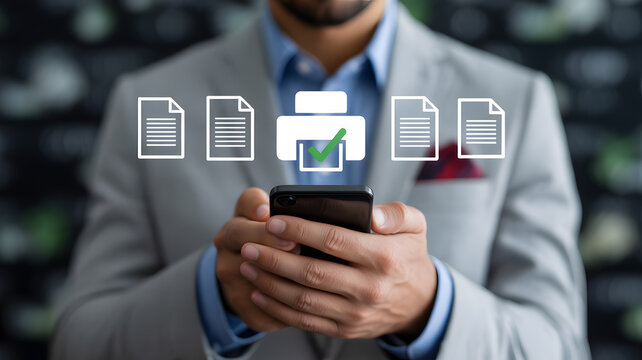 Seamless printing management via smartphone, streamlining document workflow and approvals with digital convenience.
