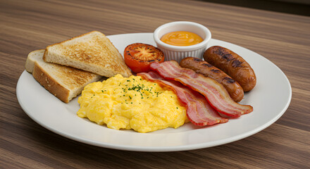 Traditional Breakfast Plate with Scrambled Eggs Bacon Sausage Toast and Tomato on Wooden Surface
