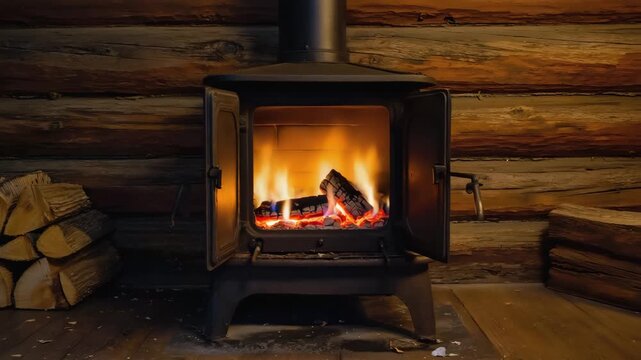 Brennender Holzofen in gem&uuml;tlicher Blockh&uuml;tte