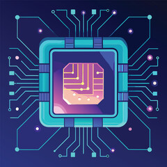 Abstract illustration of a central processing unit microchip with connected circuit board design and elements against a dark blue backdrop.