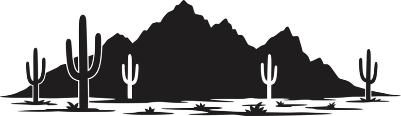 Obraz premium a desert landscape with cacti and mountains in silhouette