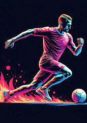 Obraz premium Soccer Player's Blaze of Glory: A soccer player in a dynamic, neon-infused illustration, showcasing explosive speed as he chases after a soccer ball.