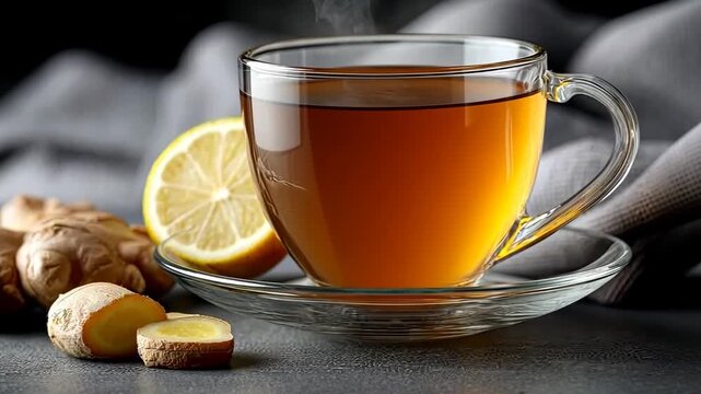 Warm ginger tea with lemon served in a clear glass cup on a textured surface with fresh ginger and lemon slice