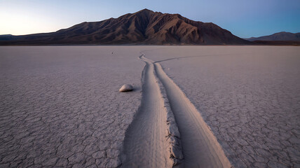 Cracked dry earth with tire tracks leading to distant mountain at dusk desert playa ground texture