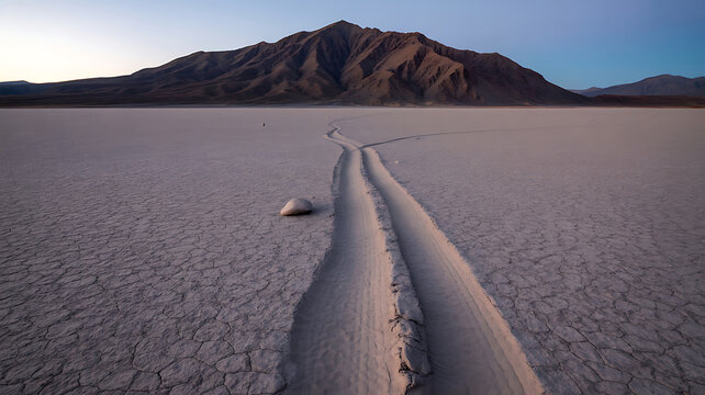 Cracked dry earth with tire tracks leading to distant mountain at dusk desert playa ground texture