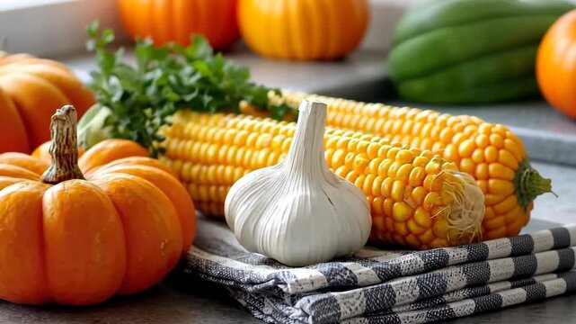 Harvest time showcasing fresh pumpkins, corn, and garlic in a rustic setting ideal for autumn preparations and seasonal cooking inspirations
