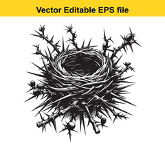  bird nest made of thorny branches isolated on white background