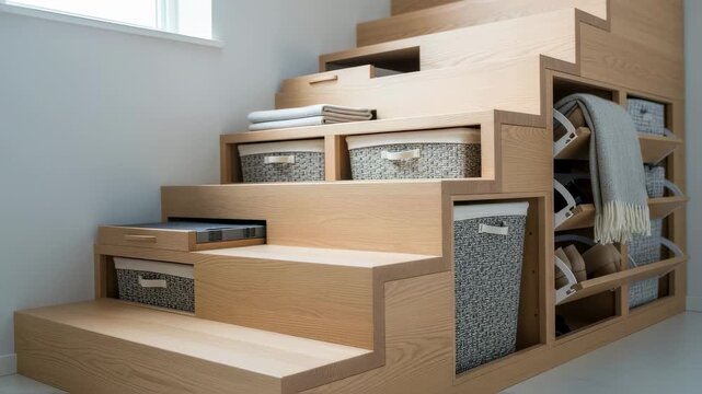 Scandinavianinspired staircase with natural wood finish featuring builtin laundry baskets and shoe racks discreetly tucked under the steps.