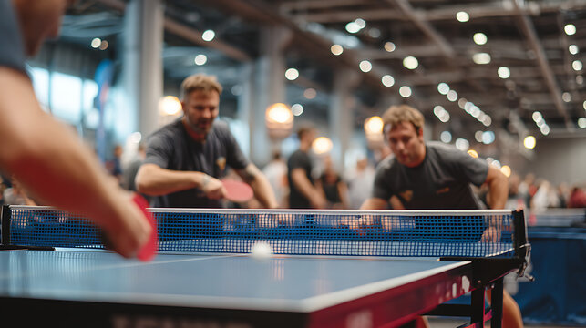 people playing table tennis wide angle competition scene fun indoor match with happy players enjoying game action recreation paddle ball and fitness sport activity - Powered by Adobe