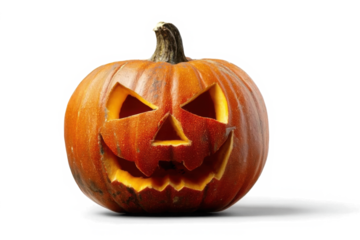 A carved halloween pumpkin with evil eyes and face isolated on white.
