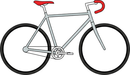 A gray road bike with a red seat and handlebars. A graphic representing cycling, sports, a healthy lifestyle, and eco friendly transportation.