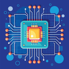 Colorful flat illustration of a computer processor depicting central processing unit and circuit board design on a navy blue background