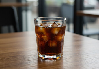 A glass of iced coffee on a wooden table