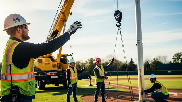 Workers in highvisibility vests directing a boom crane to position a tall foul pole ensuring alignment with the baseball diamonds boundary.