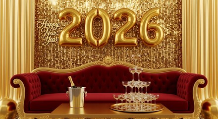 Luxurious New Year's 2026 Celebration with Champagne and Golden Decor

