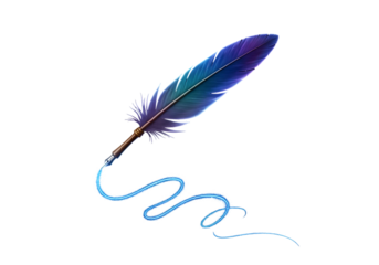 A vibrant, colorful quill pen, detailed and stylized, trails a luminous blue line against a stark black background.