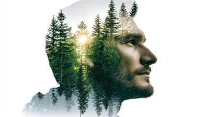 Creative Double Exposure of Man with Forest and Sunset in Profile