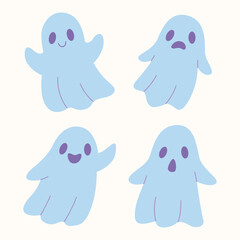 Set of cute Halloween ghosts with different faces, spooky cartoon spirits, flat design.
