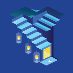 Isometric illustration of an architectural stairway structure with pendant lights in a modern minimalist blue environment
