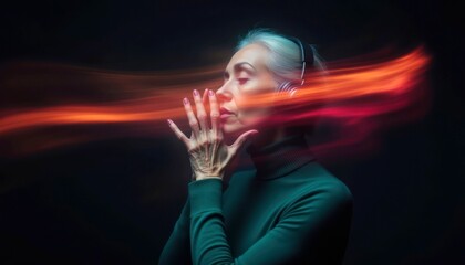 Elderly woman deeply immersed in music with headphones in a contemplative mood against dark background