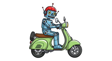Cartoon Robot Riding a Green Scooter with Red Helmet and Antennae.