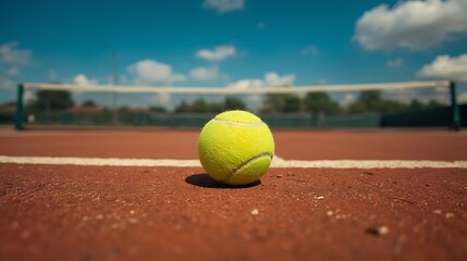 A single bright yellow tennis ball rests on the clay court s baseline with a tennis net and blue sky in the background