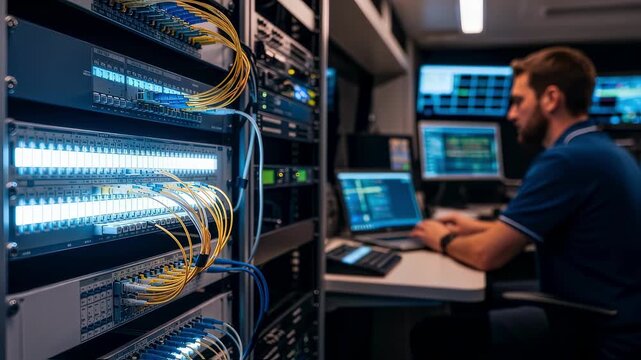 style perspective of fiber backhaul network assembly inside an OB van highlighting systematic patch panel configuration.