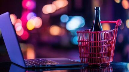Laptop next to a miniature shopping cart containing a wine bottle, with blurred city lights in the background.